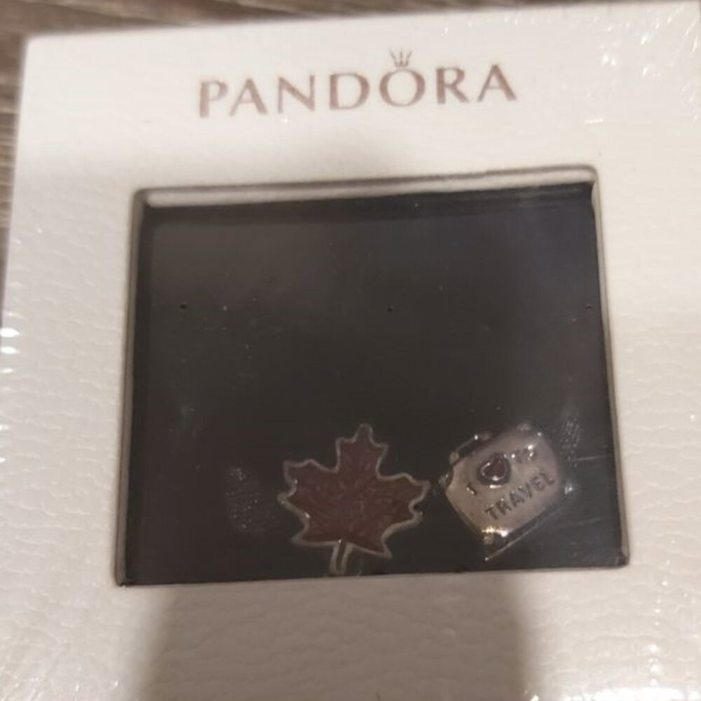 AUTH PANDORA Sterling Silver I Love To Travel Suitcase w/ red enamel " Charm Set